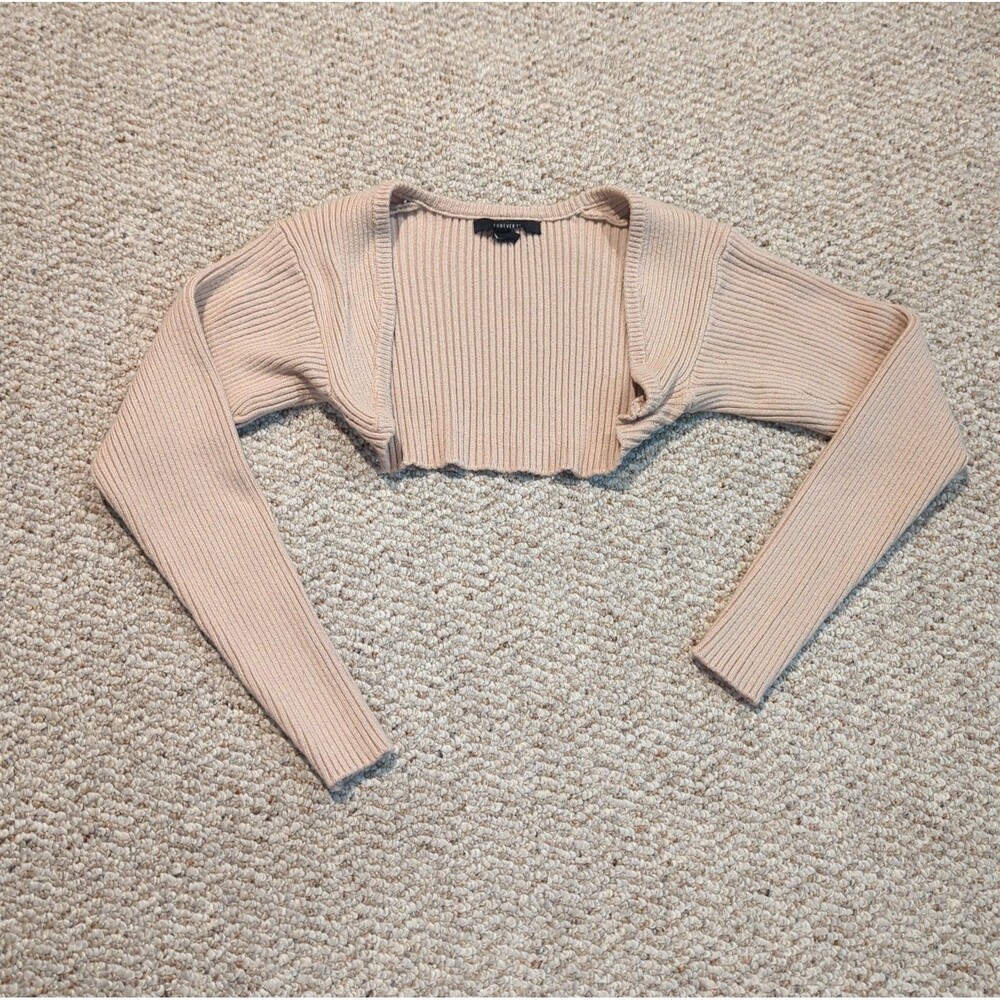 Forever 21 Bolero Shrug Cardigan Womens Small Beige Ribbed Fitted Stretch
